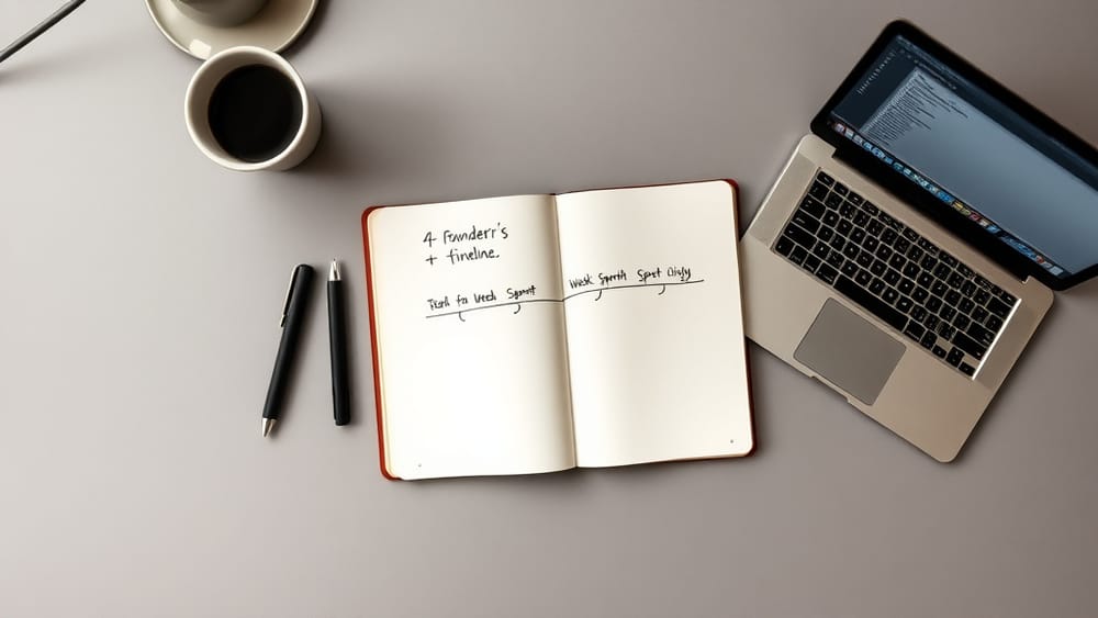 A sparse desk with a notebook showing a four-week product timeline and a laptop open to a staging environment