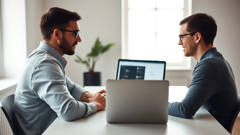 A non-technical founder reviewing a developer's work on a laptop in a minimal office setting