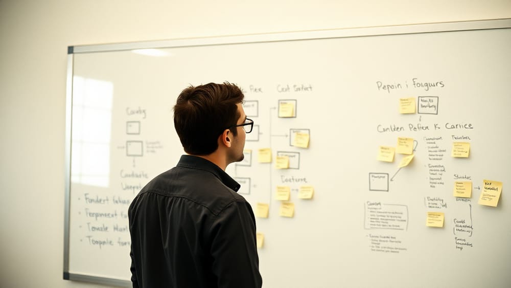 Non-technical founder sketching a product MVP on a whiteboard
