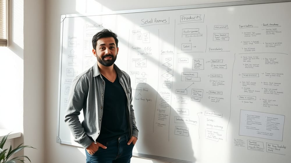 A non-technical founder at a whiteboard, planning a product instead of writing code