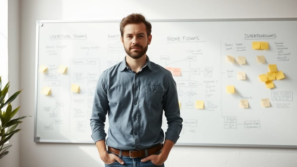 A non-technical founder sketching a product user flow on a whiteboard