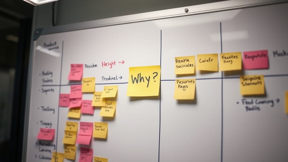 A whiteboard roadmap with sticky notes and a bold question mark in the center