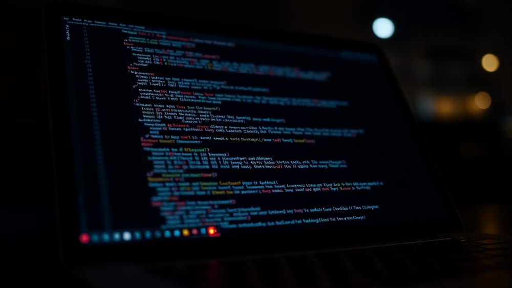 A laptop screen showing code with a visible warning indicator, representing AI-generated code security risks