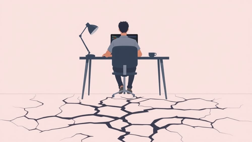A founder at a laptop with AI-generated code on the screen next to a cracked foundation graphic