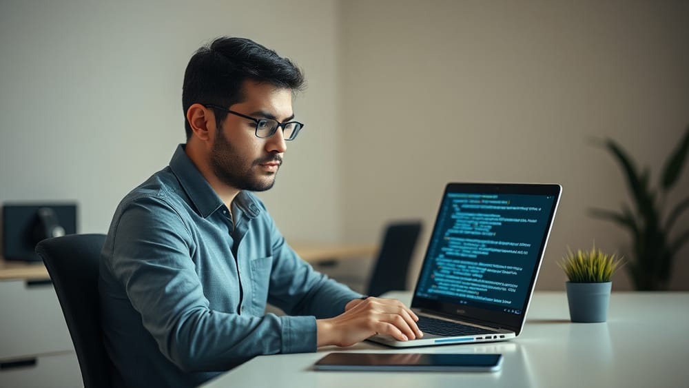 A founder reviewing AI-generated code on a laptop, with a clean minimal workspace