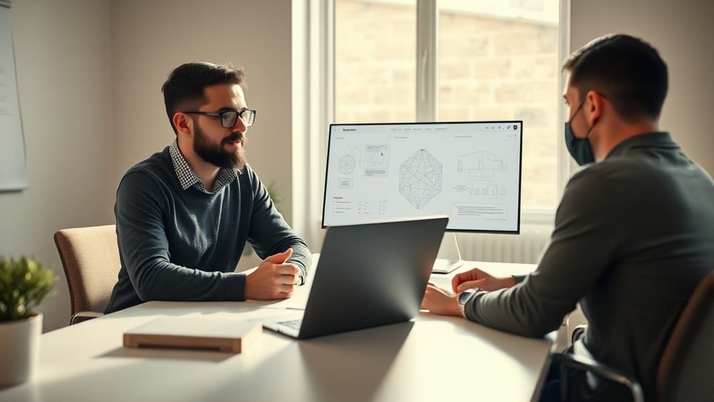 A non-technical founder reviewing technical architecture with a fractional CTO over a laptop