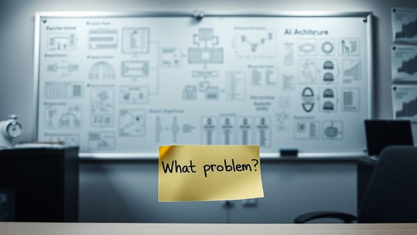 A founder staring at a complex AI diagram overlaid on a simple product wireframe, representing misplaced priorities