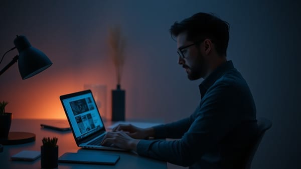 A founder at a laptop surrounded by abstract AI interface elements, representing building an AI-native MVP from the start