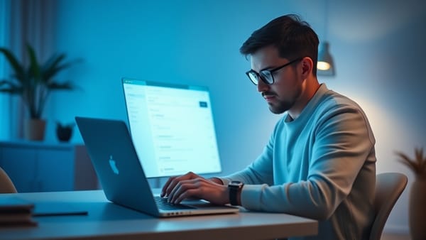 A founder building an AI-native MVP on a laptop, surrounded by minimal interface wireframes glowing with AI-generated suggestions