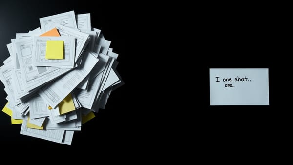 A cluttered desk with too many prototypes next to a single clean, focused product sketch