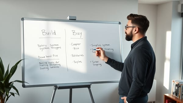 A founder at a whiteboard weighing build versus buy AI decisions