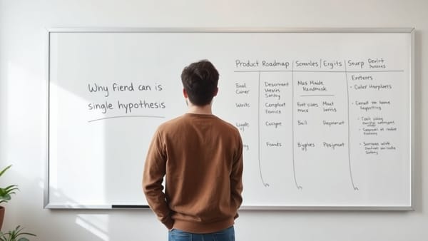 A founder looking at a stripped-down product roadmap pinned to a wall, focused and decisive