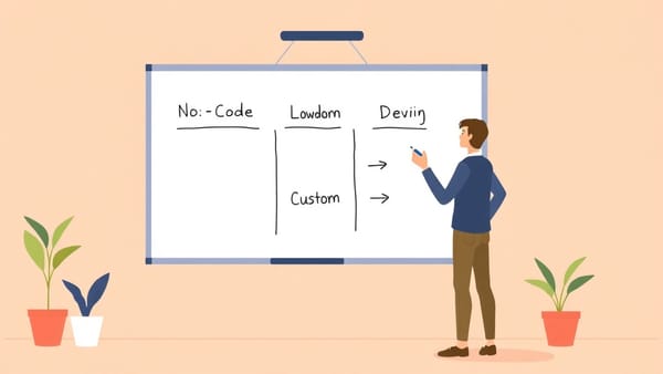 A founder comparing no-code, low-code, and custom development options on a whiteboard