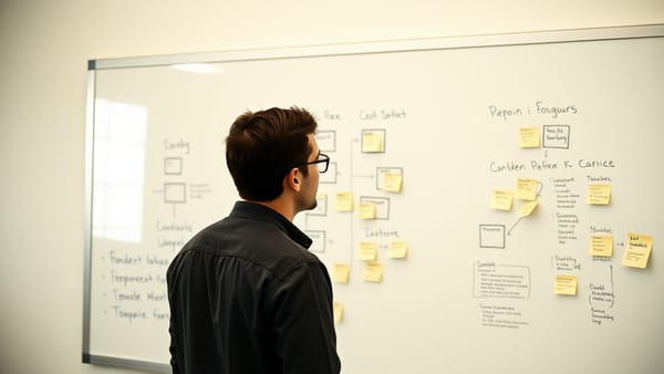 Non-technical founder sketching a product MVP on a whiteboard