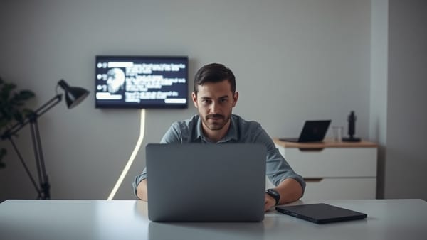A non-technical founder at a laptop weighing the decision to build an MVP with AI tools or hire a development studio