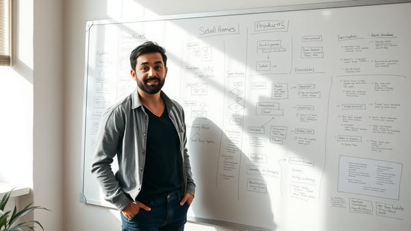 A non-technical founder at a whiteboard, planning a product instead of writing code