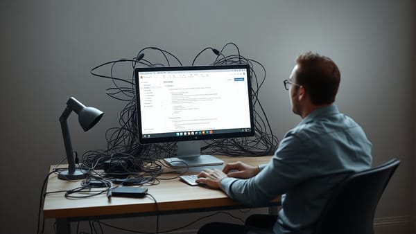 A founder staring at a complex tangled web of wires representing technical debt from a prototype