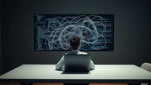 A founder staring at a tangled codebase on a laptop screen, representing technical debt after vibe coding an MVP