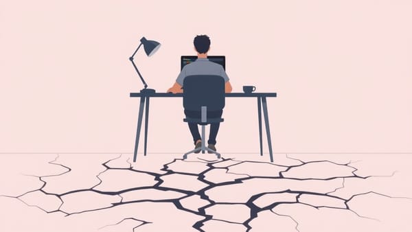 A founder at a laptop with AI-generated code on the screen next to a cracked foundation graphic