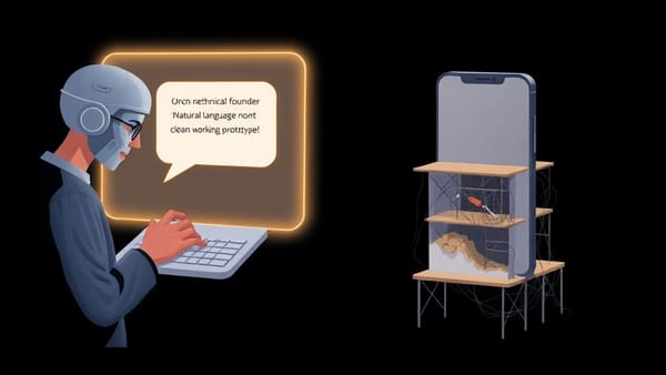 A founder prompting an AI tool to build an app, with tangled wires emerging from the screen underneath