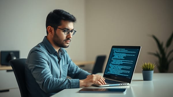 A founder reviewing AI-generated code on a laptop, with a clean minimal workspace