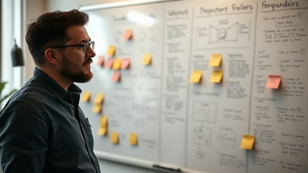 A founder staring at a whiteboard covered in sticky notes, looking for the real problem to solve